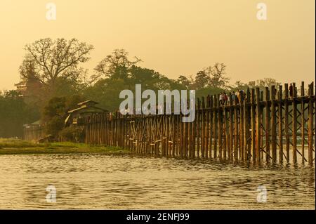 Sunset with u bein bridge in Myanmar, Burma Stock Photo