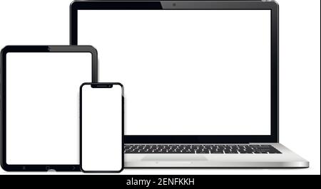 Laptop, tablet and smart phone isolated on white background with empty screen Stock Vector
