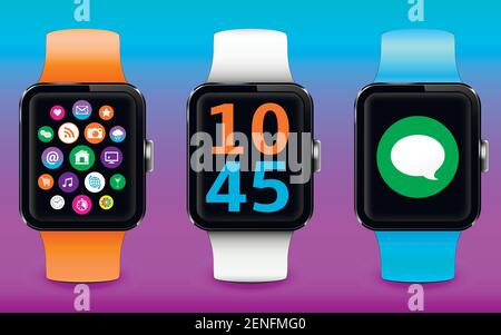 Modern smartwatch with colorful straps and widgets on the screen Stock Vector