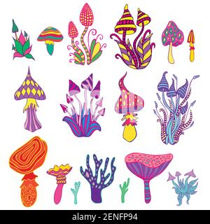 Big set psychedelic artistic abstract trippy mushrooms, white background. Colorful hallucinogenic fantasy mushrooms, each mushroom has its own pattern Stock Vector