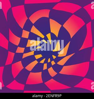 Bright psychedelic twisted abstract, divided into purple and pink, orange squares, gradient colors. Illusion surreal background. Vector hand drawn ill Stock Vector