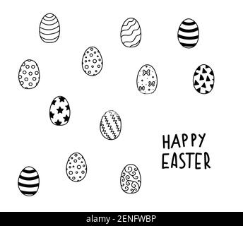 Hand drawn Easter eggs doodle set with lettering. ornament holidays design isolated on white background. Egg ornament sketch Stock Vector