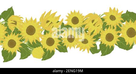 Horizontal seamless border with yellow sunflowers and green leaves. Vector cartoons illustration in flat design. Stock Vector