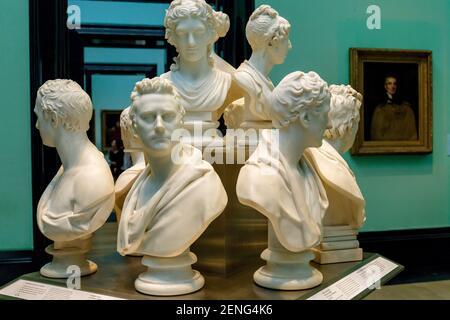 England, London, Trafalgar Square, National Portrait Gallery, Display of Marble Busts of Prominant Historical Figures Stock Photo