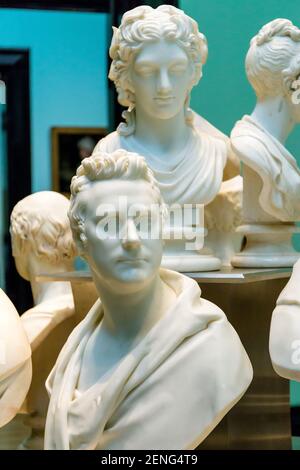 England, London, Trafalgar Square, National Portrait Gallery, Display of Marble Busts of Prominant Historical Figures Stock Photo