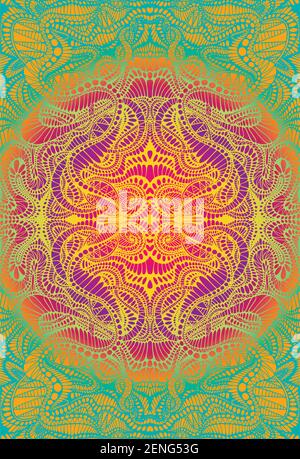 Psychedelic trippy colorful fractal mandala, gradient bright color outline, on vibrant gradient colors background. Decorative element flower pattern. Stock Vector