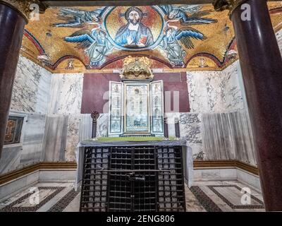 Main altar of the Sancta Sanctorum with the icon of Christ Pantocrator and above the mosaic of the 13th Century - Rome, Italy Stock Photo