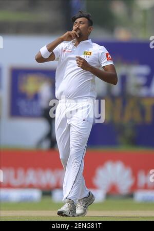  Sri Lankan cricketer Suranga Lakmal celebrates after taking the wicket of New Zealand cricketer Ross Taylor during the second day of the 1st test cricket match between Sri Lanka and New Zealand at the Galle International cricket ground, Galle, Sri Lanka. 15 August 2019 (Photo by Invent Pictures/Sipa USA) 