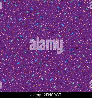 Multicolor abstract shapes confetti, stars,dot seamless pattern, violet background. Vector design bright spots  colors background. Stock Vector