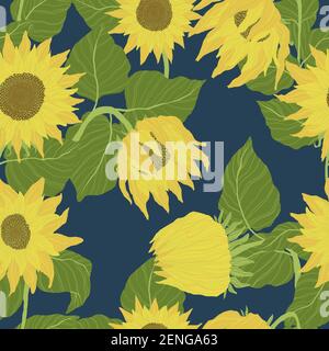 Seamless pattern with sunflowers on blue background. Flowers, buds and leaf  Vector backdrop with yellow flower in cartoon flat design. Stock Vector