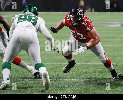 New York Jets guard Chris Glaser (64) reacts against the Atlanta Falcons  during a preseason NFL football game Monday, Aug. 22, 2022, in East  Rutherford, N.J. (AP Photo/Adam Hunger Stock Photo - Alamy