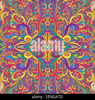 Vibrant psychedelic colorful mandala, waves ornament background. Decorative abstract pattern, flower of wavy ornament texture. Vector bohemian fantasy Stock Vector