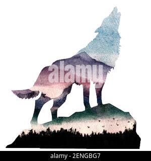 Silhouette of a wolf and forest. Double multiple exposure in watercolor painting.Wolf howls. Natural background, spruce, pine, bird, mountains and fog Stock Photo