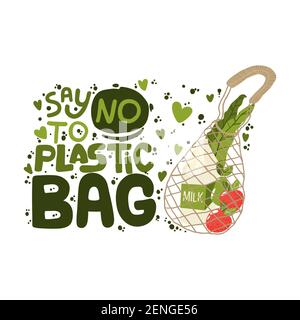 Eco bag hand written slogan. Lettering and illustration of zero waste lifestyle. No plastic. Modern typography for choosing eco friendly lifestyle. Ve Stock Vector