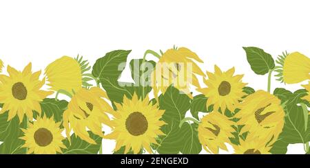 Horizontal seamless border with yellow sunflowers and green leaves. Vector cartoons illustration in flat design. Stock Vector