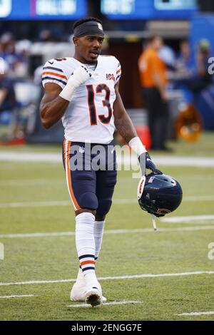 August 16, 2019, Chicago Bears wide receiver Marvin Hall (13) reacts prior  to the NFL preseason game between the Chicago Bears and the New York Giants  at MetLife Stadium in East Rutherford,