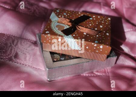 boxes with presents decorated silk ribbons with bow Stock Photo