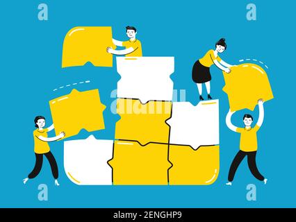 People connecting puzzle elements. Teamwork, business concept. Flat vector illustration Stock Vector