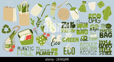 Zero waste elements and slogan collection. Eco friendly stickers and lettering. Reusable items products bundle. Sustainable living. Environmental Awar Stock Vector