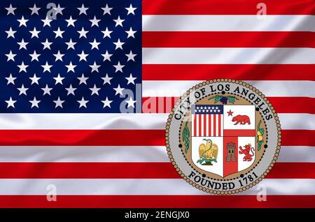 Die Flagge von den USA mit dem Wappen von Los Angeles Stock Photo