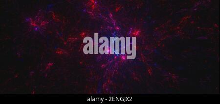 Horizontal image view fractal abstract background. Pink, red and purple colors on black space Stock Photo