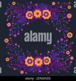 Colorful fantasy abstract original flowers frame. Design greeting card with bright orange and violet blossoms, plants and leaves, isolated on dark blu Stock Vector