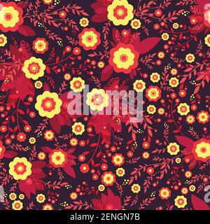 Bright seamless texture of abstract autumn wild flowers in yellow, red tones. Decorative flowers and plants on the burgundy background. Vector floral Stock Vector