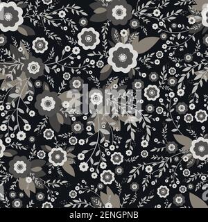 Black and white abstract wildflowers, seamless texture pattern design. Decorative flowers and plants. Vector original ornament with flowers. Botanical Stock Vector