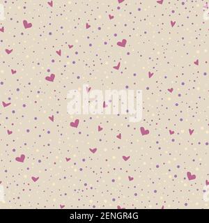 Seamless abstract cute lovely romantic pattern with hearts and spots, dots, in delicate pastel colors. Vector texture. Sweet endless print design. Stock Vector