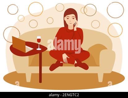 Young woman work at home. Time is relax. Girl sitting on sofa and talking phone. Laptop and glass of wine on little table. Freelancer resting. Isolate Stock Vector