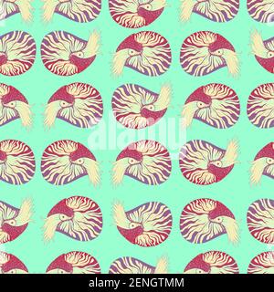 Colorful Nautilus decorative animals seamless pattern, ashen burgundy violet and pastel blue beige color gradient, isolated on light turquoise backgro Stock Vector