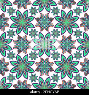 Colorful abstract geometric oriental floral seamless pattern, violet orange turquoise color, isolated on white background. Vector tribal ornamental fl Stock Vector