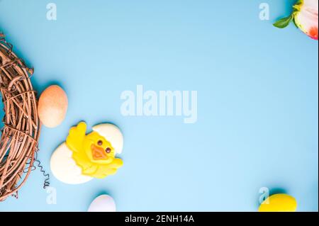 Chocolate eggs and Easter chicken, festive chocolate figurines. Top view and free space for text. High quality photo Stock Photo