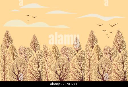 Forest landscape. Trunks of trees without leaves, on a pastel orange sky background with white clouds and flying birds. Vector hand drawn illustration Stock Vector