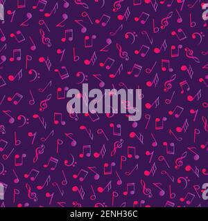 Bright music decorative notes seamless pattern. Gradient pink  and purple colors simbols on dark violet background. Abstract vector texture musical sy Stock Vector