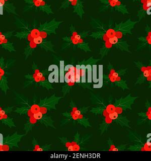 Seamless pattern with holly, isolated dark green background. Forest texture with ilex leaves and red berries. Vector mary christmas illustration. Stock Vector