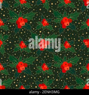 Seamless pattern with leaves gold outline, red berries holly, and gold stars, isolated dark green background. Wonderful vector decorative texture for Stock Vector
