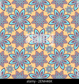 Gentle abstract flowers oriental seamless pattern, blue purpule orange pastel color, isolated on beige background. Vector background ottoman motif. Fl Stock Vector