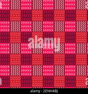 Colorful elements of tribal checkered  seamless pattern, divided into ornaments squares with red colors halftone, ethnic style, stylish background. Ve Stock Vector