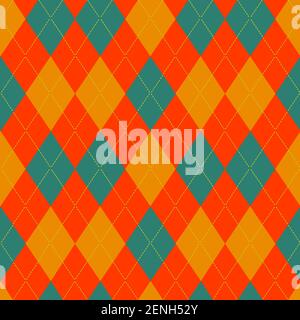 Argyle retro bright seamless pattern. Vector texture with colorful rhombuses of orange turquoise yellow. Stock Vector