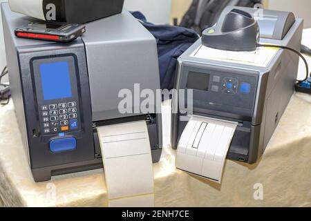 Two Barcode Label Printers Equipment for Distribution Warehouse Stock Photo