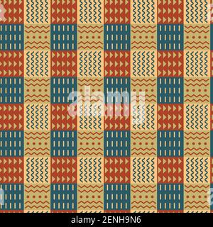 Ornamental checkered seamless pattern, divided into ornaments squares, ethnic style, stylish background. Vector decorative tribal fashion texture. Stock Vector