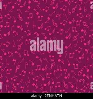 Colorful music notes seamless pattern, crimson color. Abstract vector texture musical symbols. Cartoon subject of music style. Stock Vector
