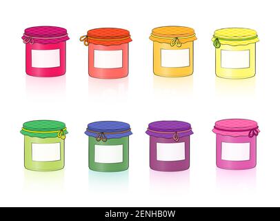Jars with blank labels. Colorful set of canning jars for fruits, jam and vegetables in screw glasses - illustration on white background Stock Photo