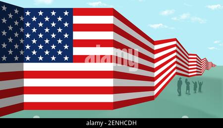 A USA flag is seen as a border wall between the USA and Mexico in this 3-D illustration. Stock Photo