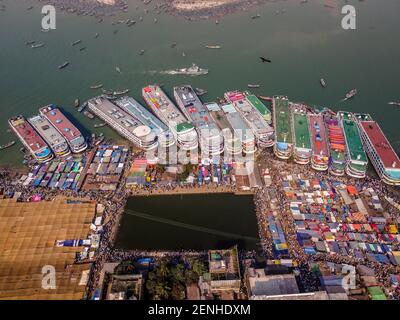 Barishal, Bangladesh. 26th Feb, 2021. As the Biggest Islamic Mehfil started today at Chormonai, Barishal in Bangladesh, around 10 Millions of People all around the country came here by those launches, boats. Credit: Mustasinur Rahman Alvi/ZUMA Wire/Alamy Live News Stock Photo