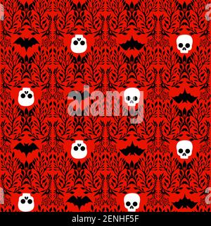 Seamless pattern in Victorian Gothic style with skull, bat, entwined in plants, isolated blood-red background. Halloween mysstical vector texture. Stock Vector