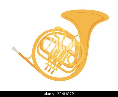 Classical French horn musical instrument with flowing musical notes flat vector illustration Stock Vector