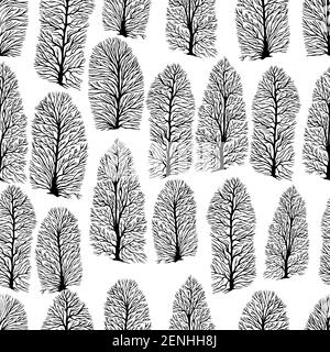 Seamless texture with trees without foliage, isolated white background. Decorative winter texture with black trees. Vector hand drawn black and white Stock Vector