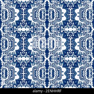 Tribal ethnic ornament seamless pattern in blue shades, isolated white background. Retro decorative abstract background. Vector hand drawn illustratio Stock Vector